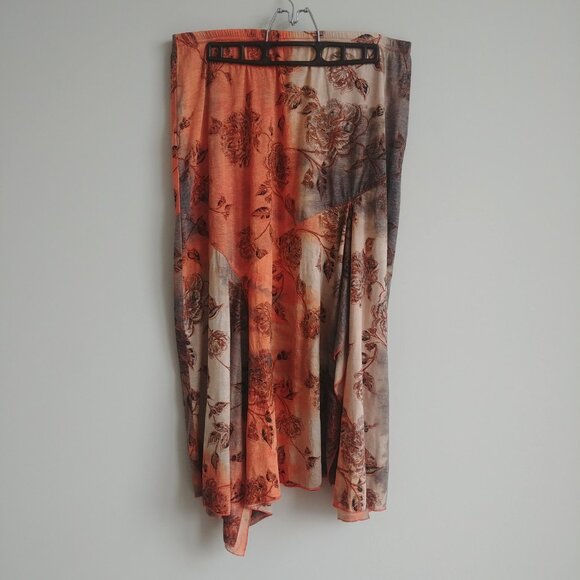 Asymmetrical hem orange brown cream gold stretch midi maxi skirt 14 - Picture 9 of 12